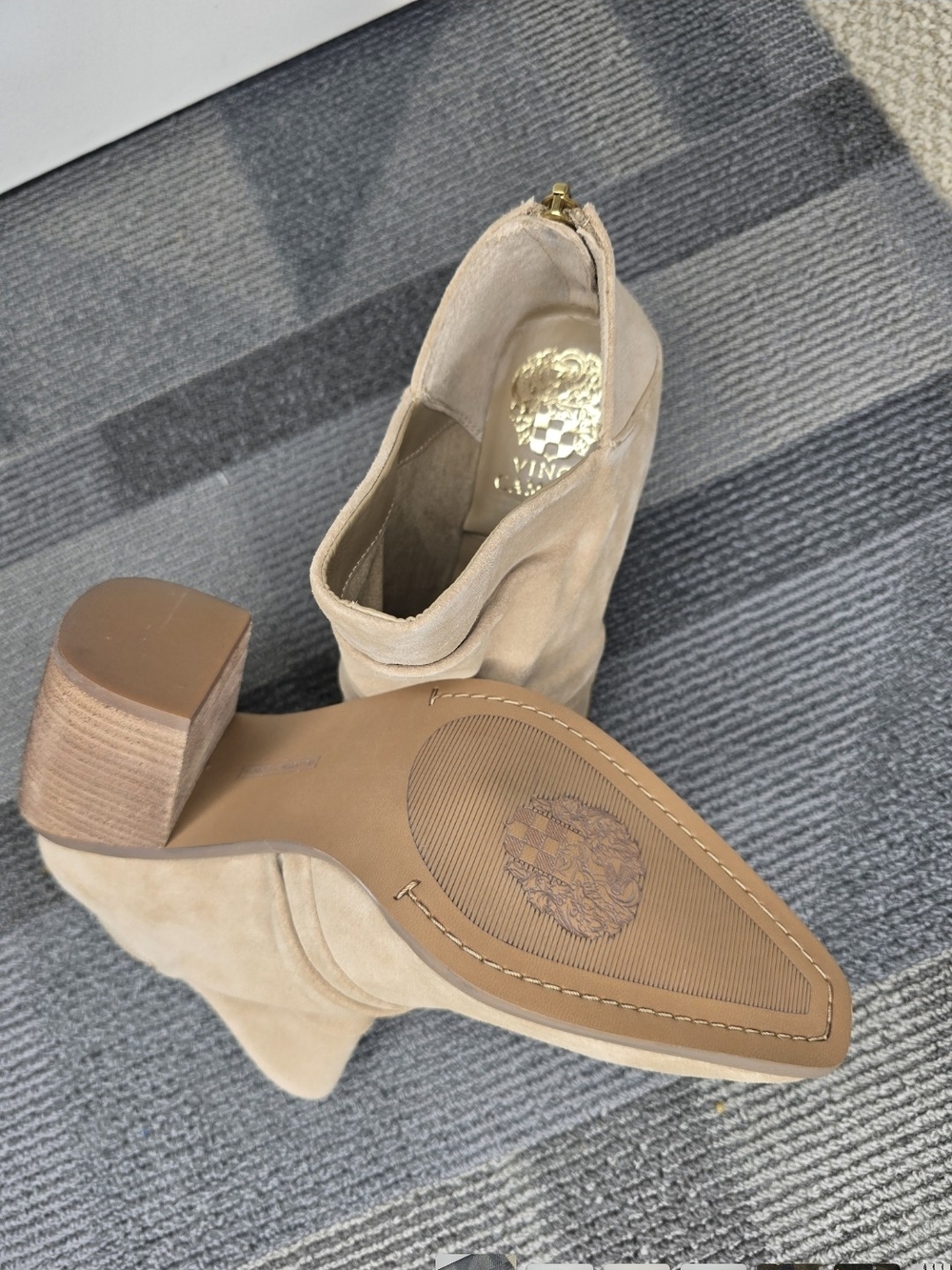 Vince Camuto Ainsley Tan Suede Ankle Booties with Stacked Heel - Picture 4 of 7